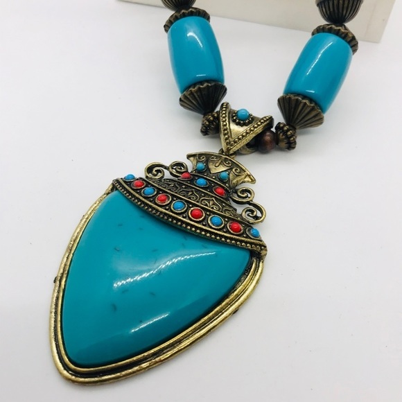 Summer Bohemian Statement Turquoise Wood Necklace - Picture 4 of 16